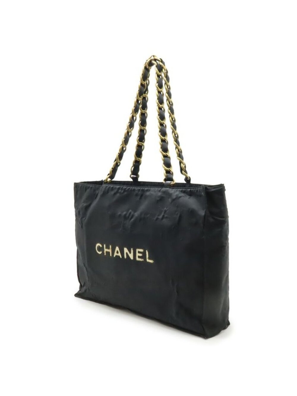 Chanel Chain Shoulder Big Tote Bag Nylon Black White Gold Hardware - Picture 2 of 9